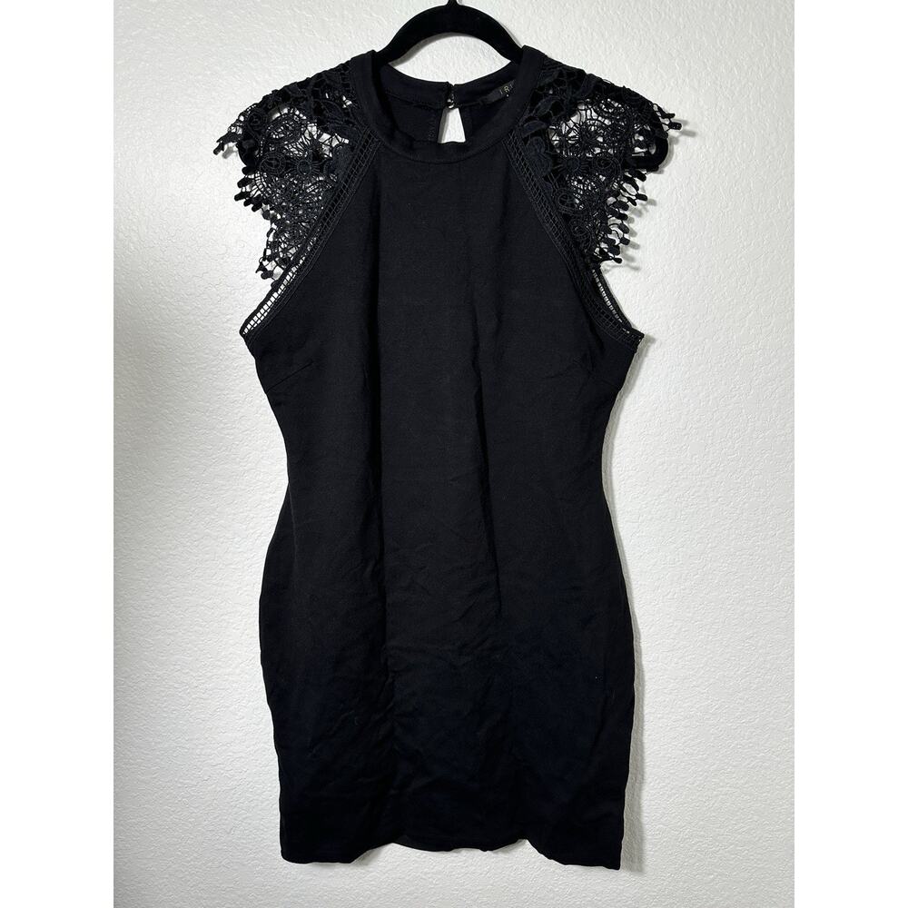 IRIS Black Lace Shoulder Bodycon Dress XL Keyhole Back Cocktail